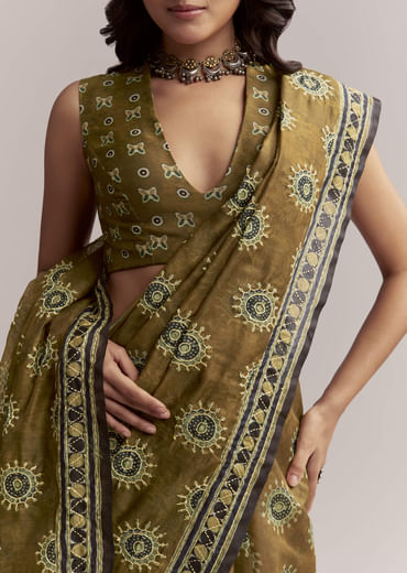 Olive Brown Linen Printed Saree With Handcrafted Ajrakh Print