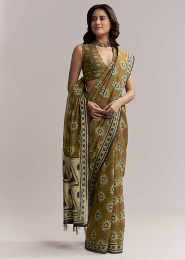 Olive Brown Linen Printed Saree With Handcrafted Ajrakh Print