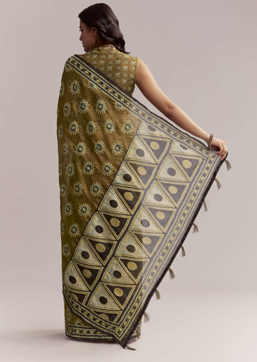 Olive Brown Linen Printed Saree With Handcrafted Ajrakh Print