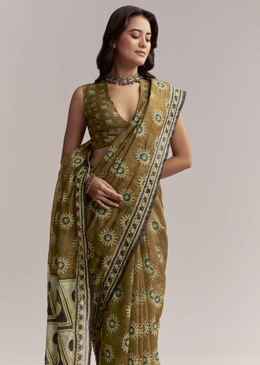 Olive Brown Linen Printed Saree With Handcrafted Ajrakh Print
