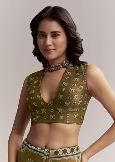 Olive Brown Linen Printed Saree With Handcrafted Ajrakh Print
