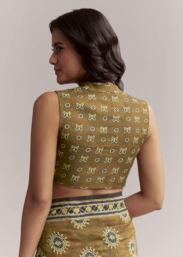 Olive Brown Linen Printed Saree With Handcrafted Ajrakh Print