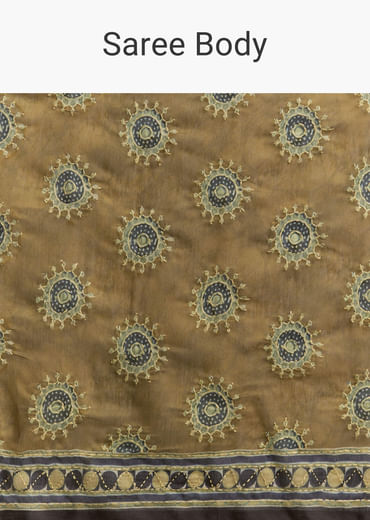 Olive Brown Linen Printed Saree With Handcrafted Ajrakh Print