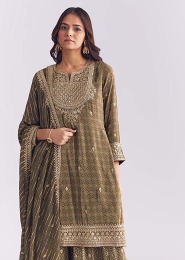 Olive Crepe Bandhani Palazzo Suit With Zari And Sequins Work