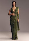 Olive Green Embroidered Chinon Saree With Scallop Border