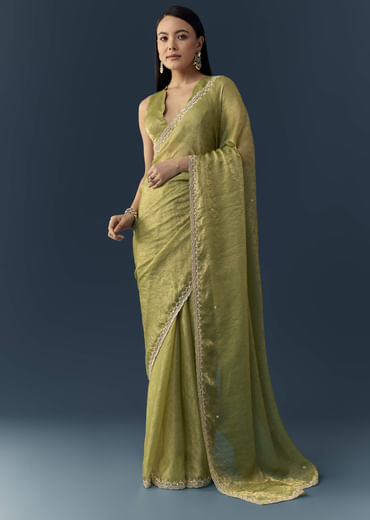 Olive Green Jacquard Printed Tissue Saree with Unstitched Blouse