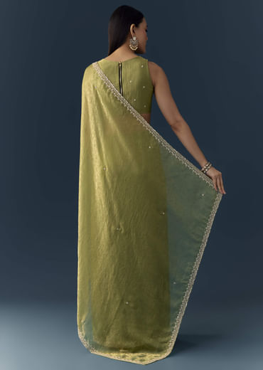 Olive Green Jacquard Printed Tissue Saree with Unstitched Blouse