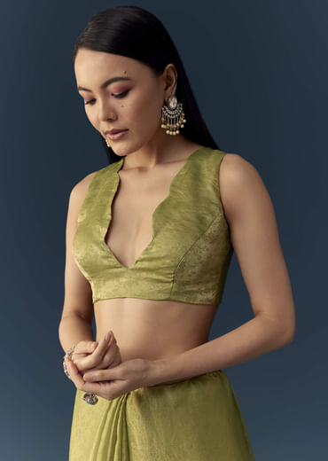 Olive Green Jacquard Printed Tissue Saree with Unstitched Blouse