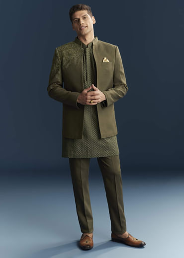 Olive Green Jodhpuri Suit For Men With Resham And Beads Embroidery