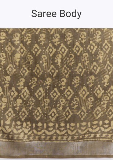 Olive Green Linen Printed Saree With Heritage Ajrakh Geometric Print