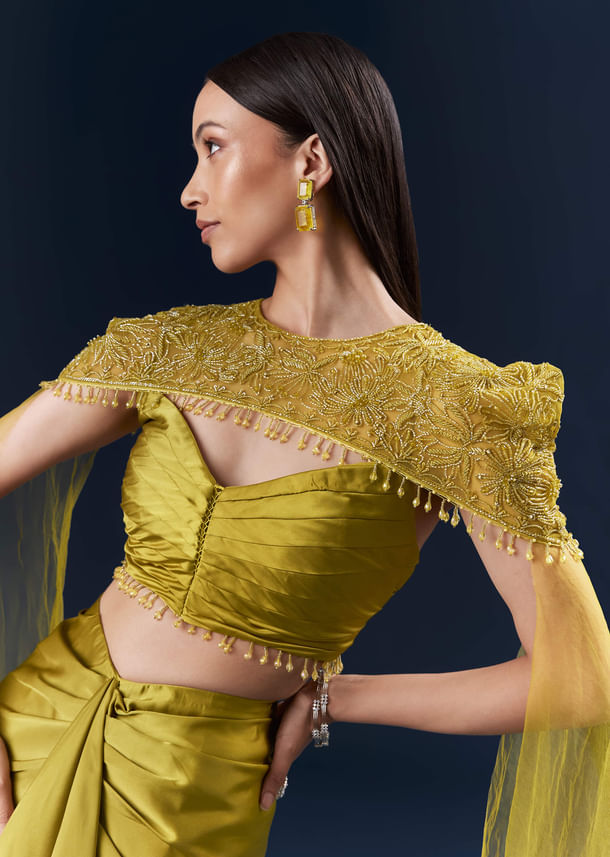 Olive Green Satin Crop Top And Drape Skirt Set With Embroidery Olive Green Satin Crop Top And Drape Skirt Set With Embroidery