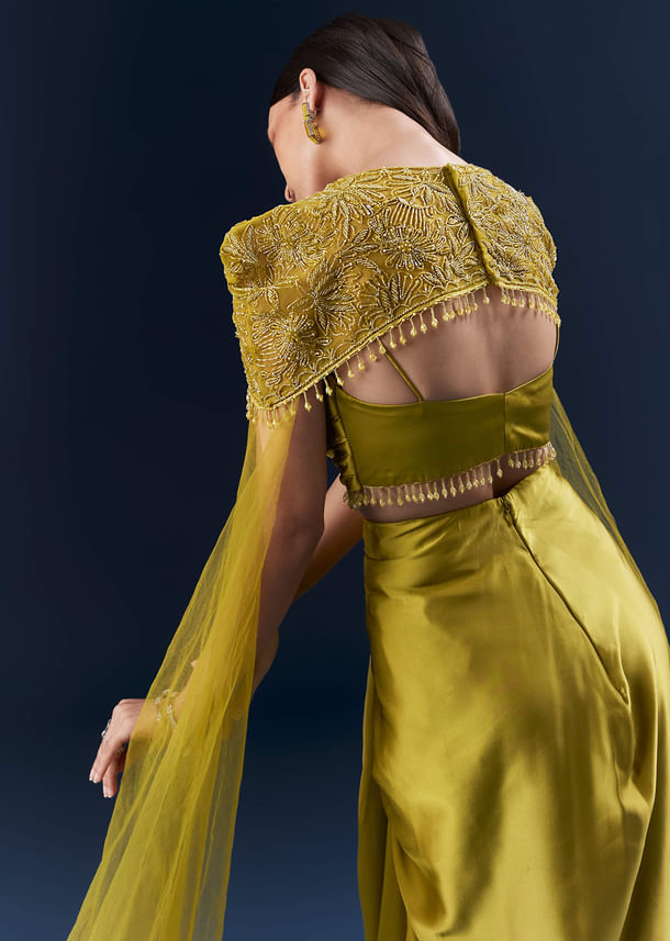 Olive Green Satin Crop Top And Drape Skirt Set With Embroidery Olive Green Satin Crop Top And Drape Skirt Set With Embroidery