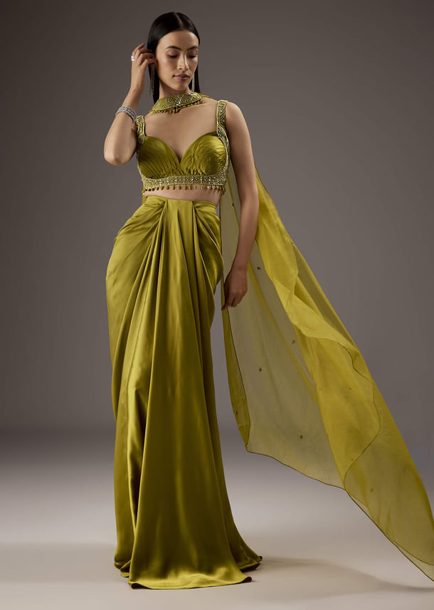 Olive Green Satin Crop Top Skirt With Heavy Embroidery Olive Green Satin Crop Top Skirt With Heavy Embroidery