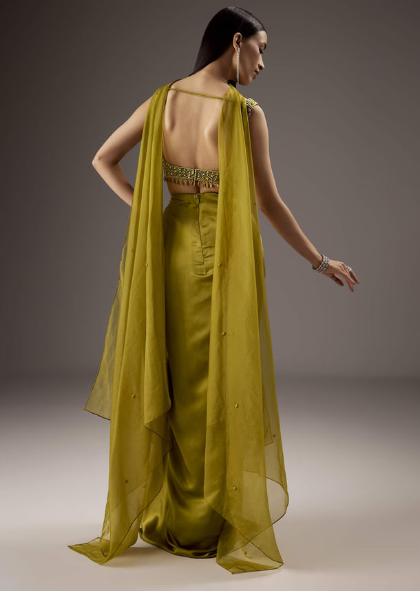 Olive Green Satin Crop Top Skirt With Heavy Embroidery Olive Green Satin Crop Top Skirt With Heavy Embroidery