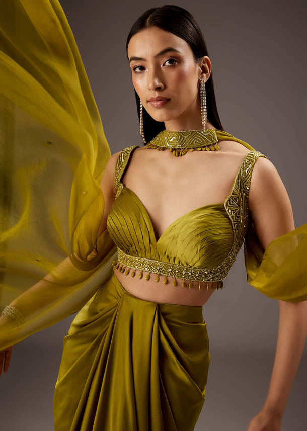 Olive Green Satin Crop Top Skirt With Heavy Embroidery Olive Green Satin Crop Top Skirt With Heavy Embroidery