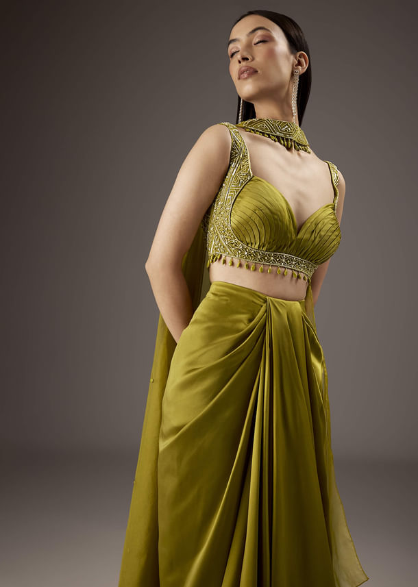 Olive Green Satin Crop Top Skirt With Heavy Embroidery Olive Green Satin Crop Top Skirt With Heavy Embroidery