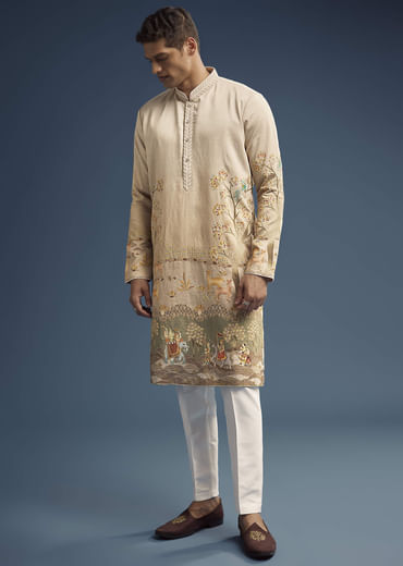 Olive Green Silk Kurta Set For Men With Digital Print