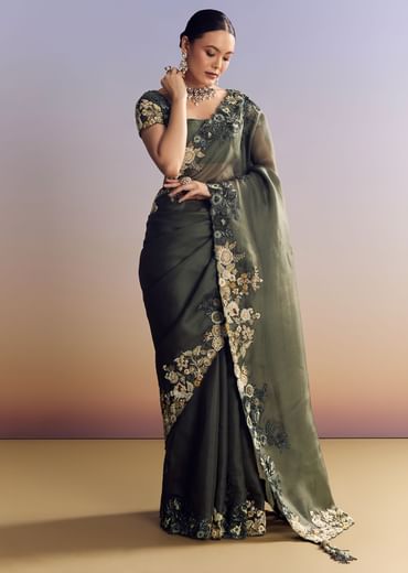 Olive Green Tissue Saree With Cutwork Border And Heavy Embroidery