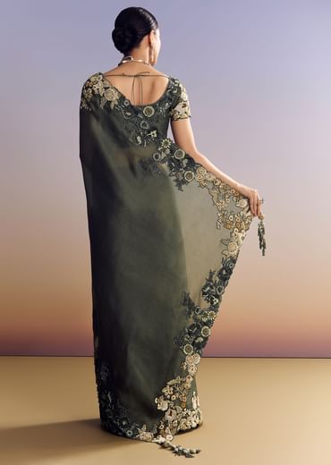 Olive Green Tissue Saree With Cutwork Border And Heavy Embroidery