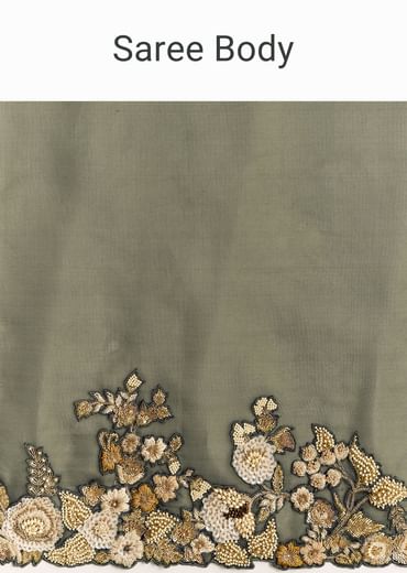 Olive Green Tissue Saree With Cutwork Border And Heavy Embroidery