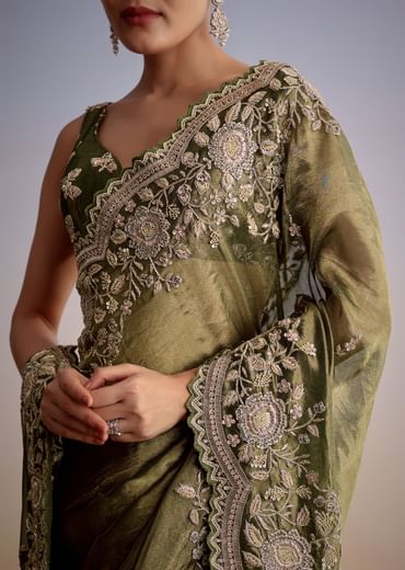 Olive Green Tissue Saree With Scallop Embroidered Border