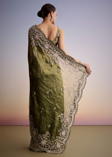 Olive Green Tissue Saree With Scallop Embroidered Border