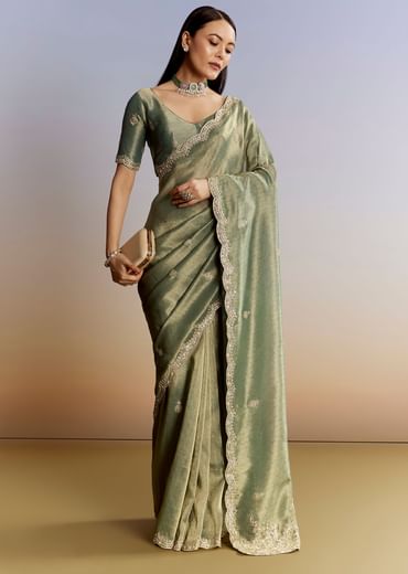 Olive Green Tissue Saree With Zardosi And Sequin Embroidery
