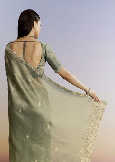 Olive Green Tissue Saree With Zardosi And Sequin Embroidery