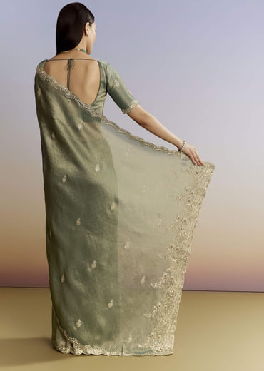 Olive Green Tissue Saree With Zardosi And Sequin Embroidery