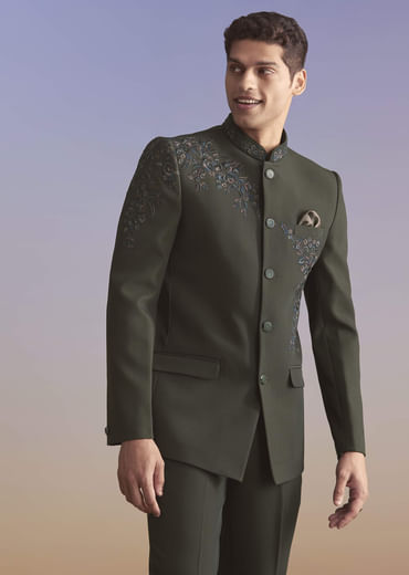 Olive Jodhpuri Suit For Men With Resham Work