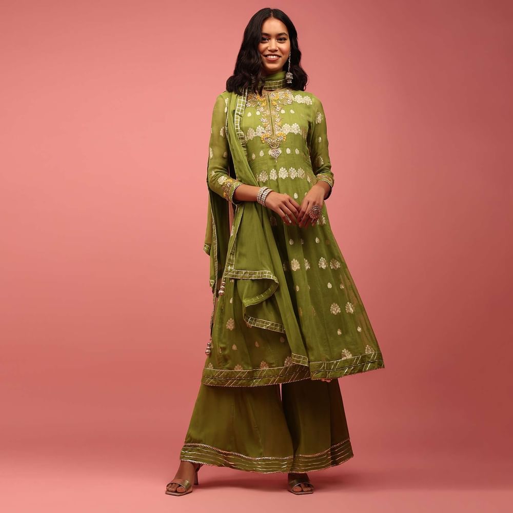 Olive Green Anarkali Suit Set In Banarasi Georgette, Embellished With Brocade And Zardosi Work
