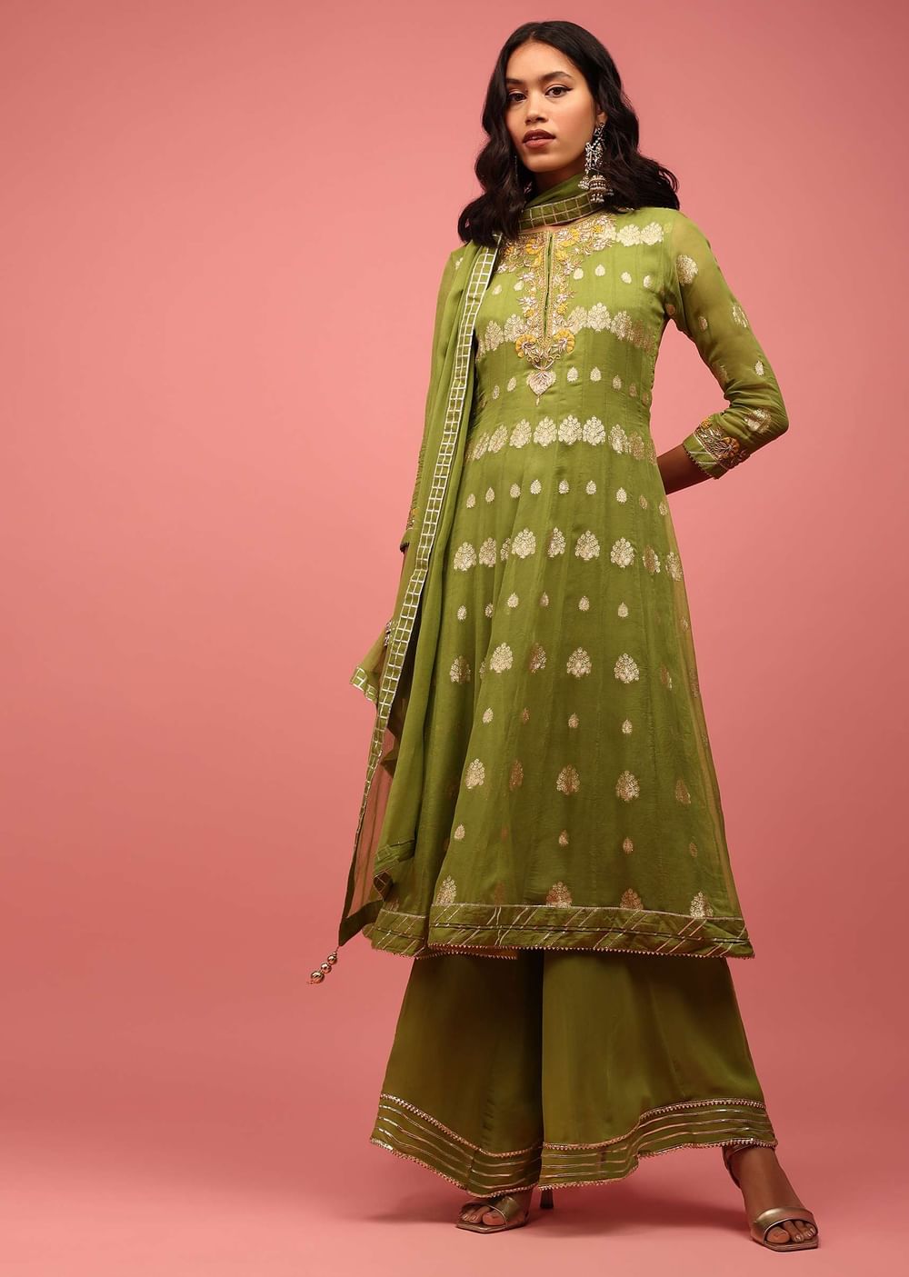Olive Green Anarkali Suit Set In Banarasi Georgette, Embellished With Brocade And Zardosi Work