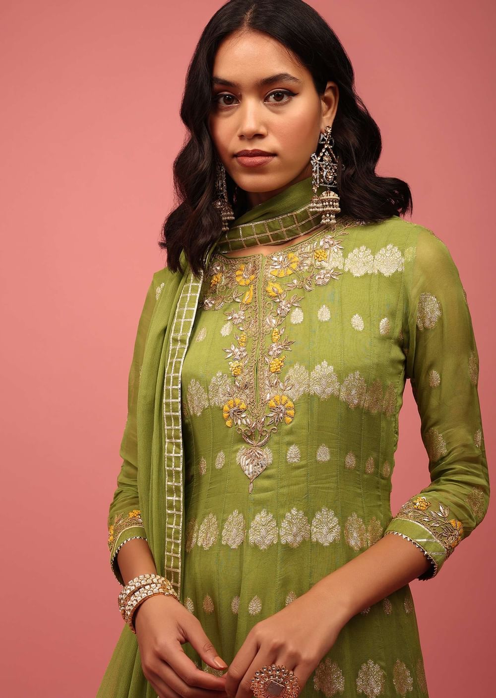 Olive Green Anarkali Suit Set In Banarasi Georgette, Embellished With Brocade And Zardosi Work