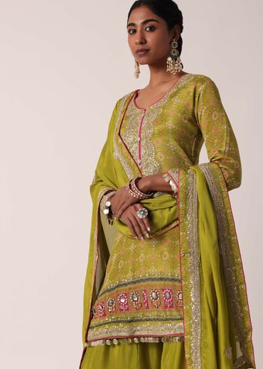Olive Green Chiffon Printed Palazzo Set