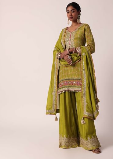 Olive Green Chiffon Printed Palazzo Set