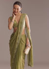 Olive Green Chinon Saree With Bead And Sequin Embroidery