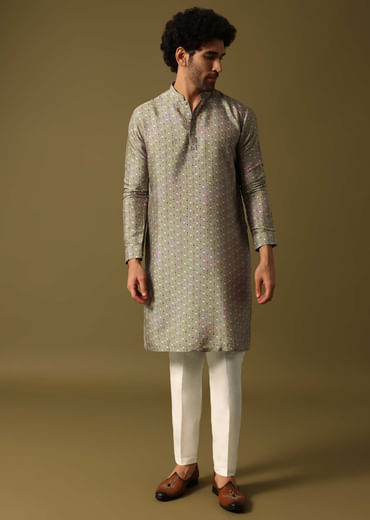 Olive Green Cutdana Embroidered Kurta Jacket Set For Men