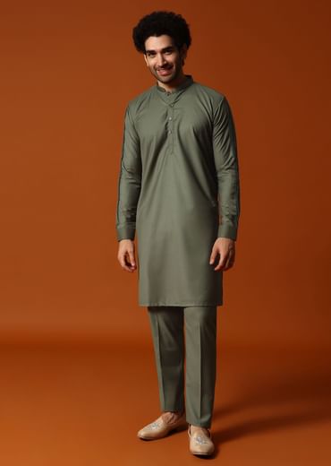 Olive Green Embroidered Kurta Jacket Set For Men