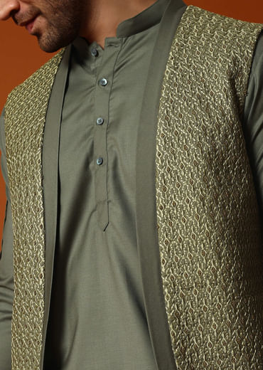 Olive Green Embroidered Kurta Jacket Set For Men