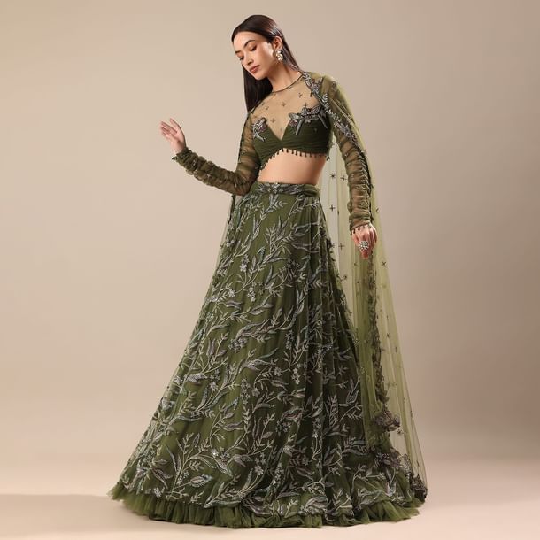 Olive Green Embroidered Lehenga And Blouse With Dupatta