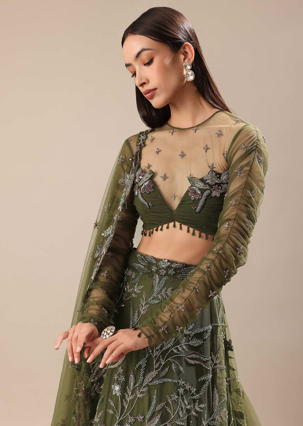 Olive Green Embroidered Lehenga And Blouse With Dupatta