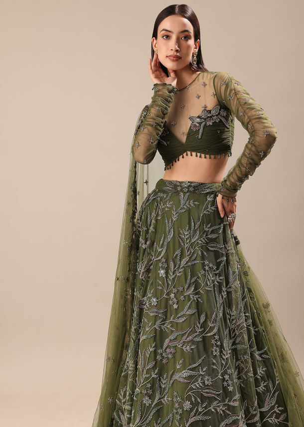Olive Green Embroidered Lehenga And Blouse With Dupatta