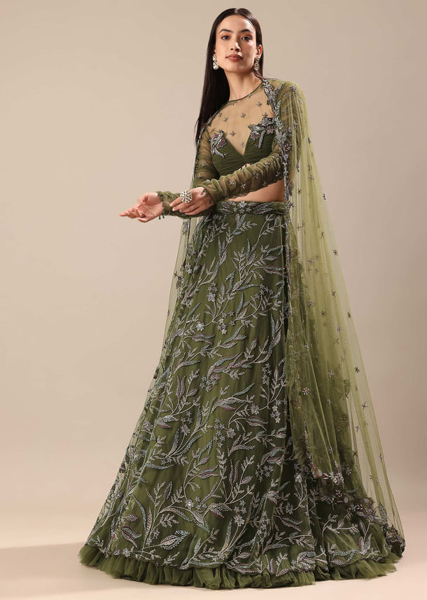Olive Green Embroidered Lehenga And Blouse With Dupatta
