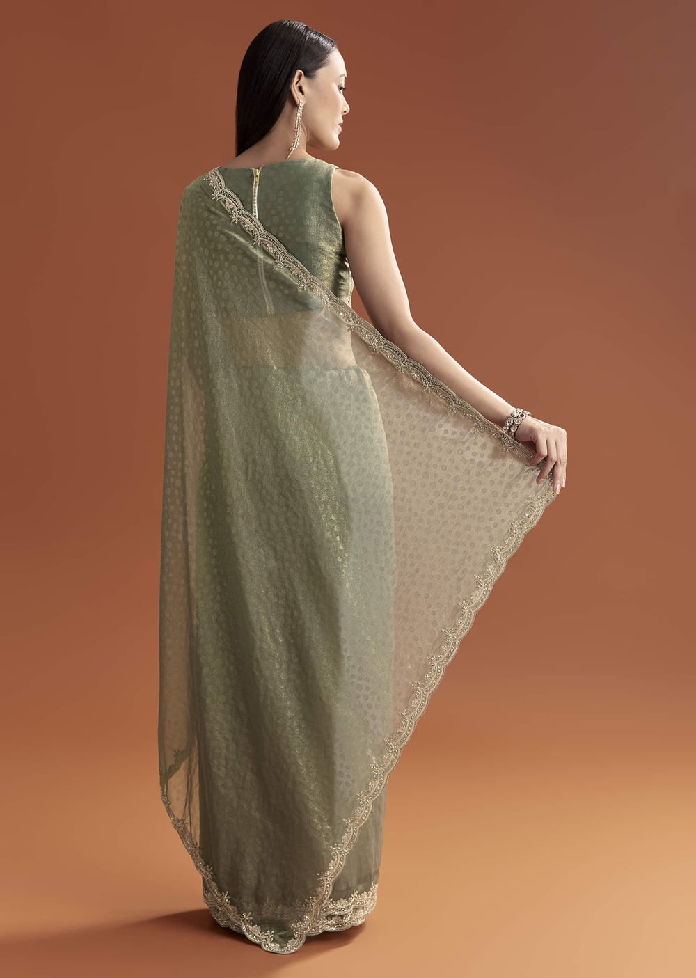Olive Green Jacquard Saree With Stone And Sequin Embroidery