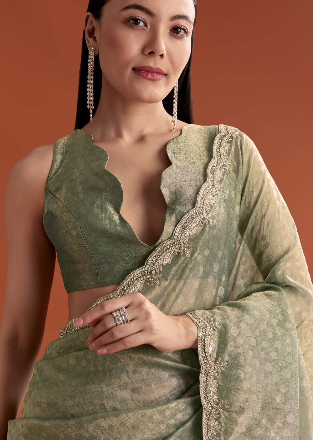 Olive Green Jacquard Saree With Stone And Sequin Embroidery