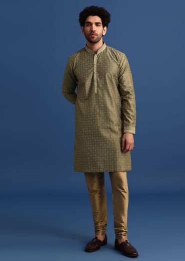 Olive Green Kurta Jacket Set With Hand Work For Men