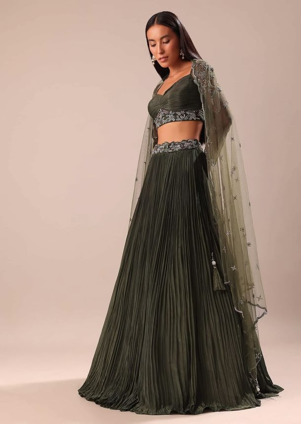 Olive Green Lehenga With Embroidered Blouse And Dupatta