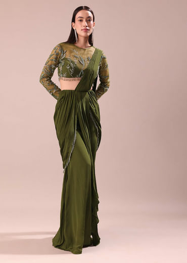 Olive Green Pre Draped Saree With Embroidered Blouse