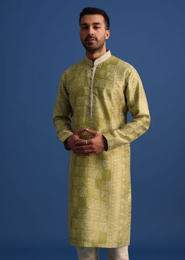 Olive Green Silk Printed Kurta Set