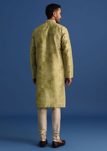 Olive Green Silk Printed Kurta Set